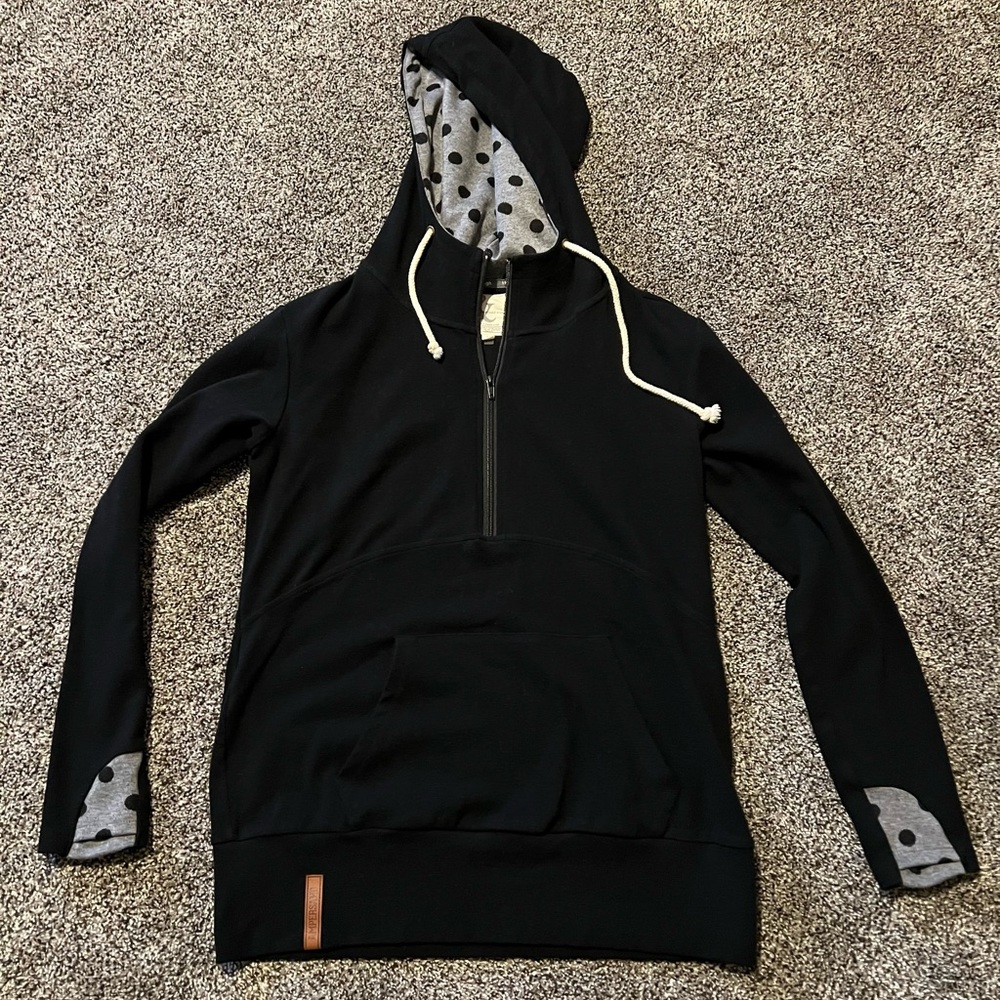 Ampersand Avenue Hooded Sweatshirt Womens Large Black Hoodie Grey/Black Dots